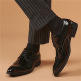 Men's Vintage Pointed Toe Shiny Carved Brogue Dress Shoes