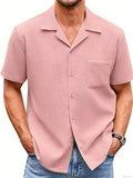 Men's Solid Color Waffle Button Up Suit Collar Short Sleeve Shirts