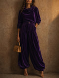 Women's 2 Piece Chic Coffee Velvet Hooded Top and Wide Leg Cuffed Pants Set