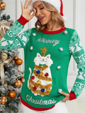 Women's Autumn Red Cartoon Kitten Jacquard Round Neck Christmas Sweaters