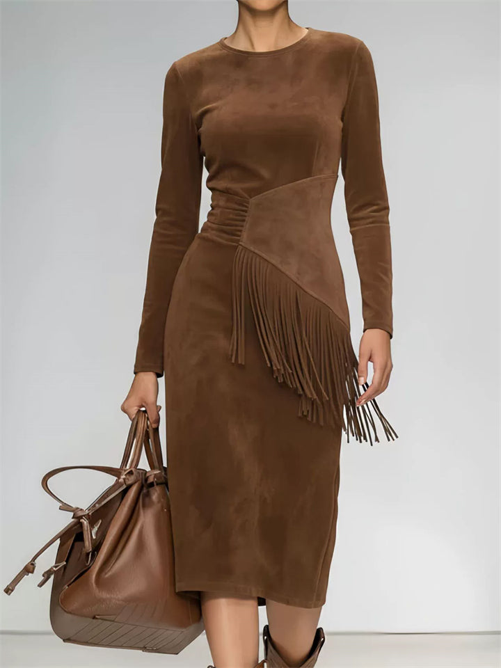 ‌Autumn Suede Side Slit Slim Fit Fringe Dress for Women‌