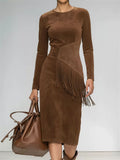 ‌Autumn Suede Side Slit Slim Fit Fringe Dress for Women‌