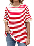 Women's Casual Contrast Color Striped Round Neck Short Sleeve T-Shirts