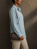 Women Light Blue Long Sleeve Button Down Work Blouse Shirts