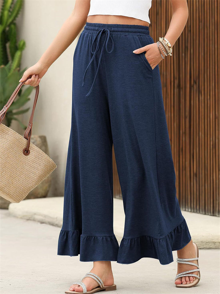 Women's Summer Solid Color Wide Leg Ruffled Hem Cropped Pants
