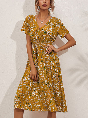 Women's Summer Holiday Style Floral Printed V Neck Midi Dress
