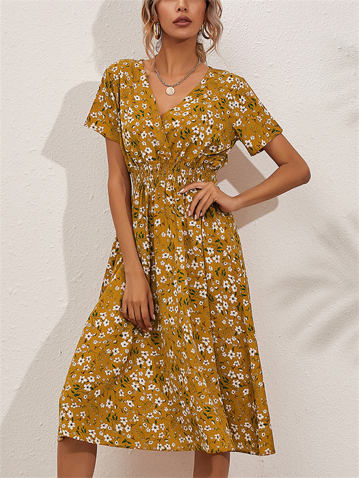 Women's Summer Holiday Style Floral Printed V Neck Midi Dress