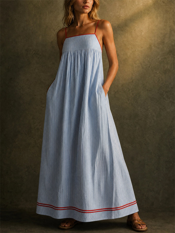 Women's Striped Maxi Beach Sundress with Red Trim Pockets