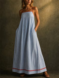 Women's Striped Maxi Beach Sundress with Red Trim Pockets