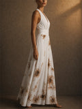 Womens White Floral Print Chiffon Halter Backless Summer Maxi Dress