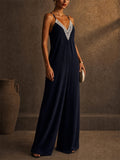 Women Black Lace V Neck Tie Back Wide Leg Summer Jumpsuit
