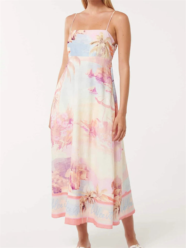 Summer Landscape Print Square Neck Strappy Dress for Women