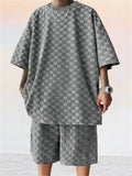 Loose Sporty Short Sleeve Jacquard Plaid Outfits for Men