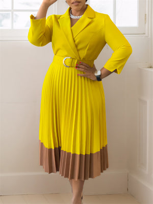 Women's Mid Sleeve Office Lady Style Blazer Collar Pleated Midi Dress With Belt