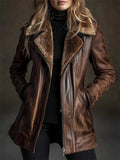 Women's Vintage Faux Leather Thermal Lined Mid-Length Coat With Fluffy Collar