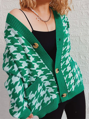 Women's Contrast Color Houndstooth Single Breasted Cardigan Sweater