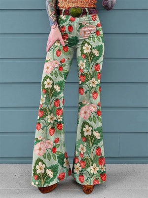 Women's Strawberry Print Mid-Waist Bootcut Jeans