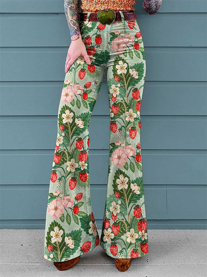 Women's Strawberry Print Mid-Waist Bootcut Pants