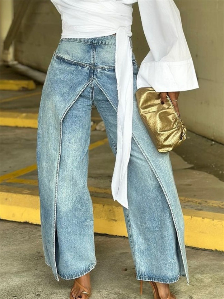 Women's Distressed Y2K Street Style Fake Two Piece Baggy Demin Pants