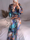 Lady Pleated Waisted Lantern Sleeve Printed Dress