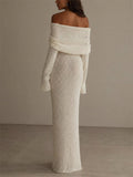 Women's Off Shoulder Long Sleeve Textured Knit Beach Maxi Dress