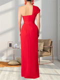 Women's Contrast Color One-Shoulder Floor Length Dress