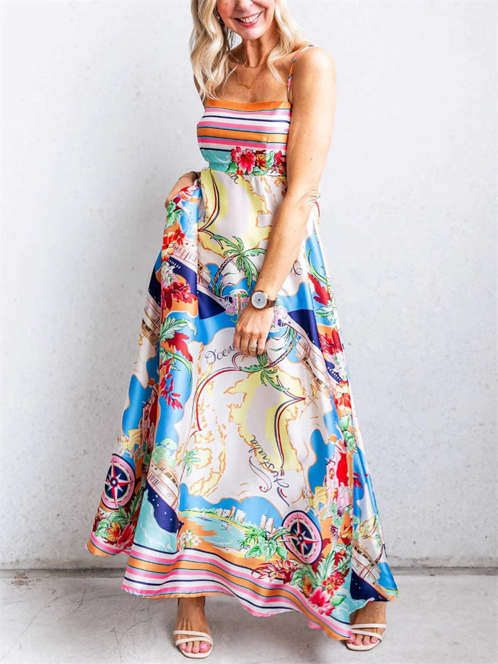 Women's Holiday Style Print High Waist Big Hem Strap Dress