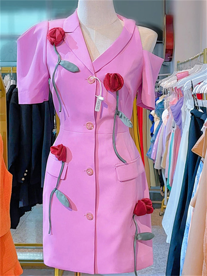 Women's 3D Flowers Short Sleeve Asymmetric Shoulder Suit Dress