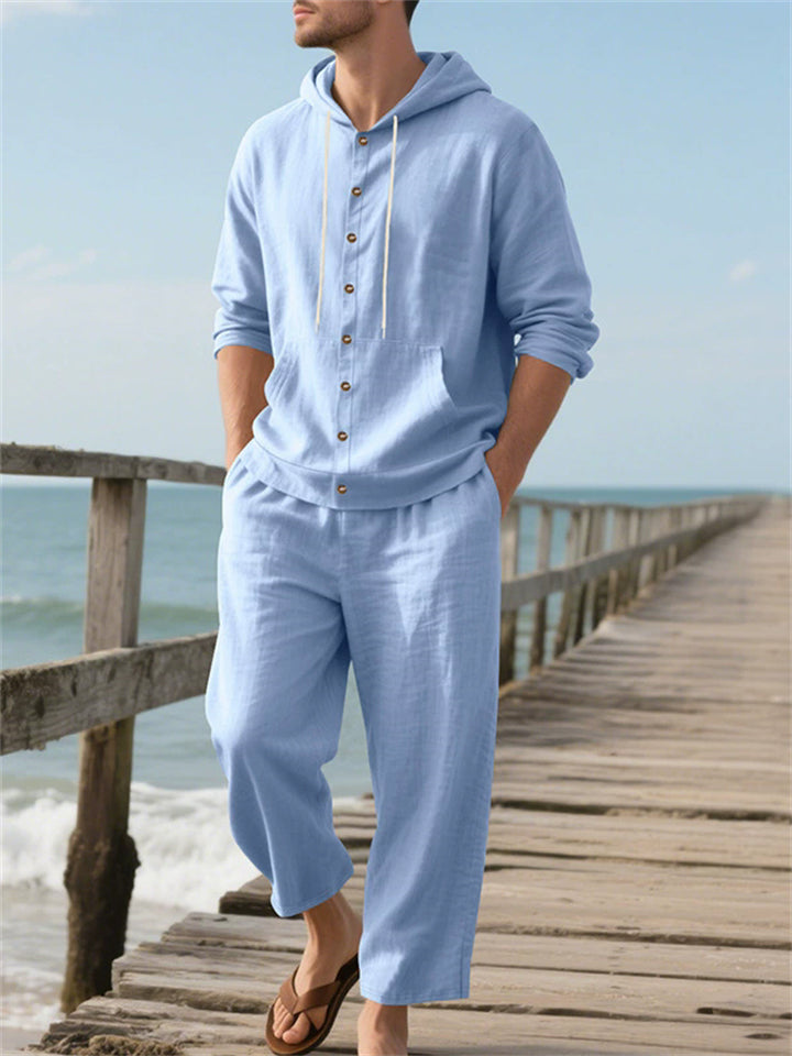 Men's Casual Solid Color Linen Button Up Long Sleeve Hoodie Outfit