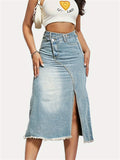 Female Splicing Frayed Hem Slit Denim Skirts