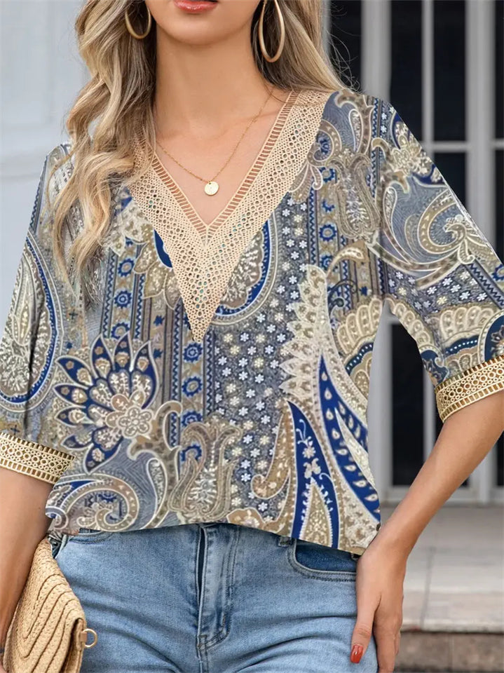 Women's Summer Comfy Printed Lace Patchwork V Neck Shirts