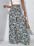 Women's Holiday Style Leaves Printed Chiffon High Waist Wide Leg Pants