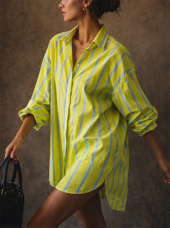 Women Oversized Lime Green Striped Button Down Long Shirt
