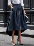 Women's Trendy Solid Color Pleated Zip Up High Waist Asymmetric Hem Skirts