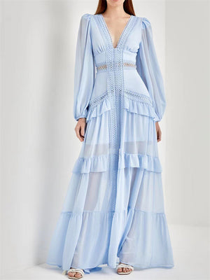 Women's V-Neck Vintage Holiday Ruffled Split Big Hem Dresses