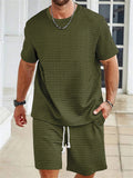 Men's Plaid O-Neck Short Sleeve Top and Drawstring Pants Set