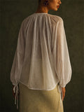 Womens Elegant Sheer Ruffle Tie V Neck Puff Sleeve Blouse