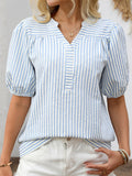 Women's Summer Striped V Neck Bishop Sleeve Shirts