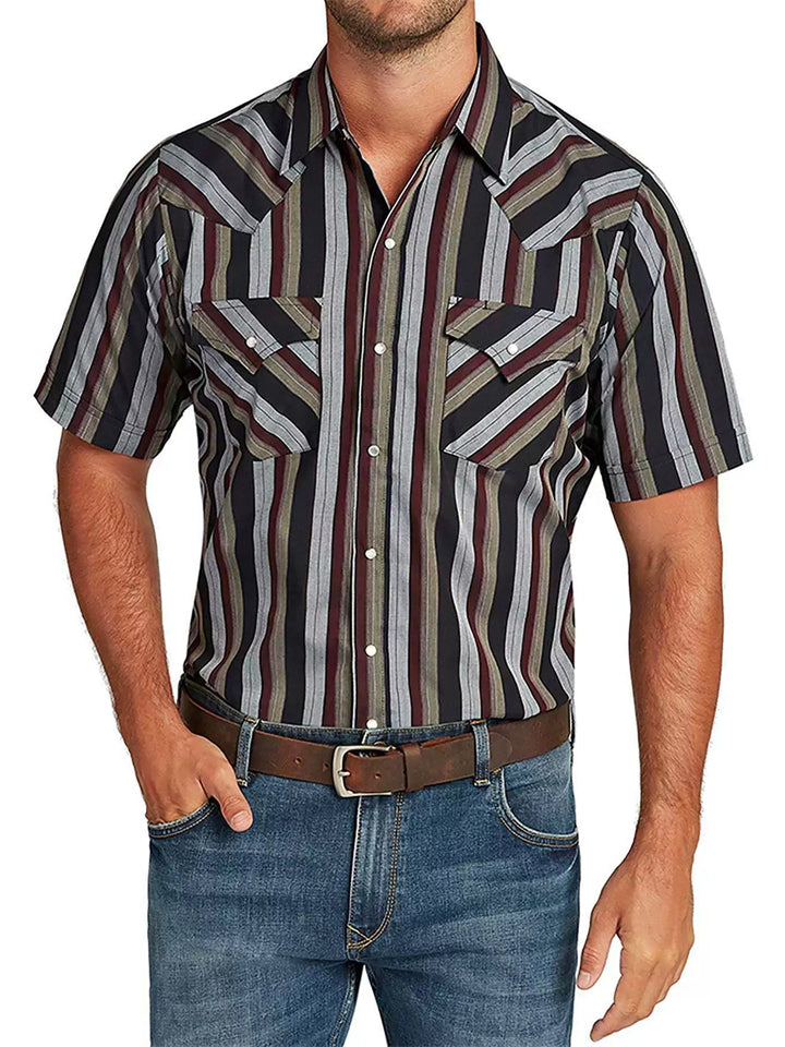 Mens Western Summer Striped Short Sleeve Snap Button Shirts