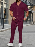 Men's Solid Color Waffle Lapel Cargo Top and Pants Set