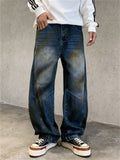Men's Streetwear Vintage Loose Fit Wash Denim Scimitar Jeans