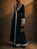 Women Elegant Gray Faux Fur Trimmed Black Suede Floor Length Coats