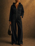 Women Long Sleeve Zip Front Wide Leg Hooded Denim Jumpsuit