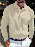 Men's Long Sleeve Button-Down Stripe Knitted Casual Polo Shirts