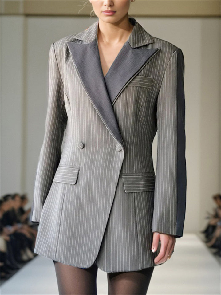 Women's Contrast Color Long Sleeve Stripe Double Breasted Suit Coat