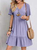 Women's Summer Short Sleeve V Neck Pleated Mini Dress