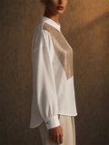 Womens White Sequin Button Down Long Sleeve Party Blouse