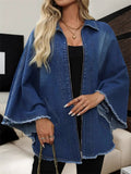 Blue Zip up 3/4 Sleeve Fringed Denim Jacket for Women Casual Streetwear‌