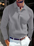 Men's Long Sleeve Button-Down Stripe Knitted Casual Polo Shirts