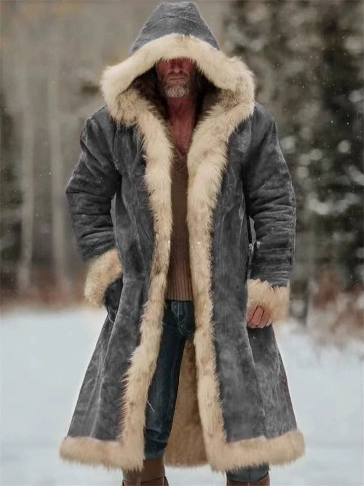 ‌Men's Winter Long Faux Fur Lined Cardigan Parka Coat with Hood